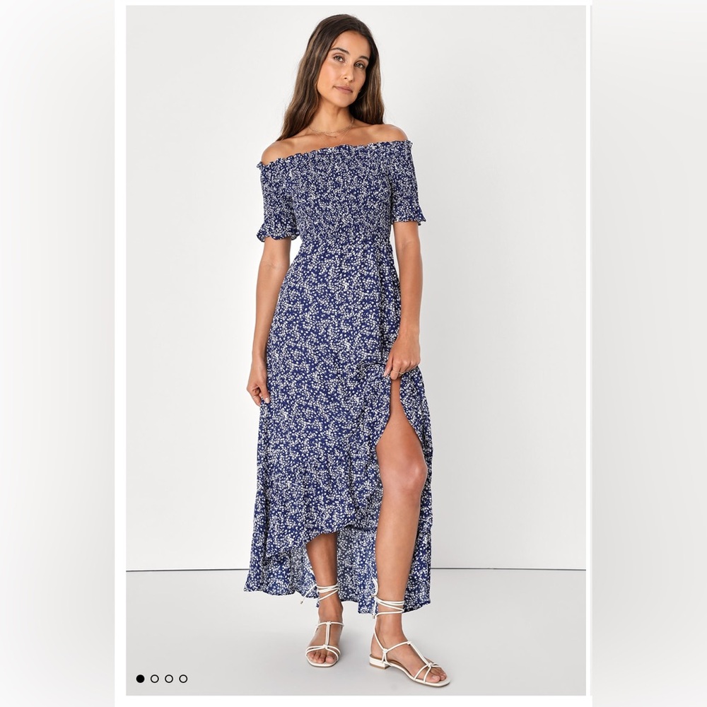 Fleur-tation Navy Blue Floral Print Off-the-Shoulder Midi Dress Size Large
